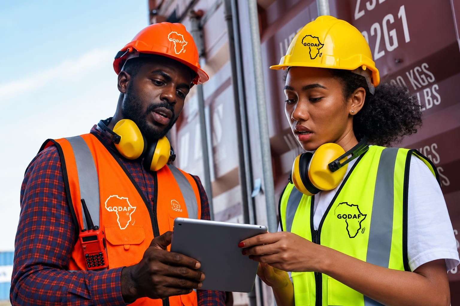 Équipe GODAF coordonnant une opération logistique avec radios et tablette